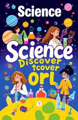 An inspiring and colorful science textbook cover designed for a 10th grade girl, featuring illustrations of diverse young women engaged in various scientific activities such as conducting experiments, exploring nature, and using technology