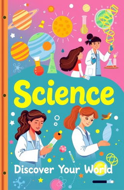 An inspiring and colorful science textbook cover designed for a 10th grade girl, featuring illustrations of diverse young women engaged in various scientific activities such as conducting experiments, exploring nature, and using technology