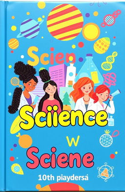 An inspiring and colorful science textbook cover designed for a 10th grade girl, featuring illustrations of diverse young women engaged in various scientific activities such as conducting experiments, exploring nature, and using technology