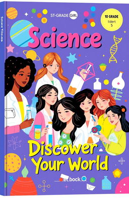 An inspiring and colorful science textbook cover designed for a 10th grade girl, featuring illustrations of diverse young women engaged in various scientific activities such as conducting experiments, exploring nature, and using technology