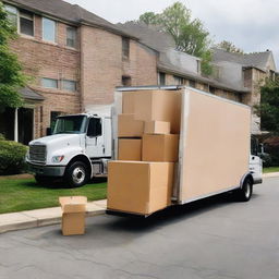 A large, sturdy removal truck loaded with assorted furniture and moving boxes, ready to depart against the backdrop of a suburban street.