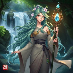 A female DnD character design, inspired by Asian aesthetics, embodying the essence of nature and water magic
