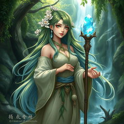 A female DnD character design, inspired by Asian aesthetics, embodying the essence of nature and water magic