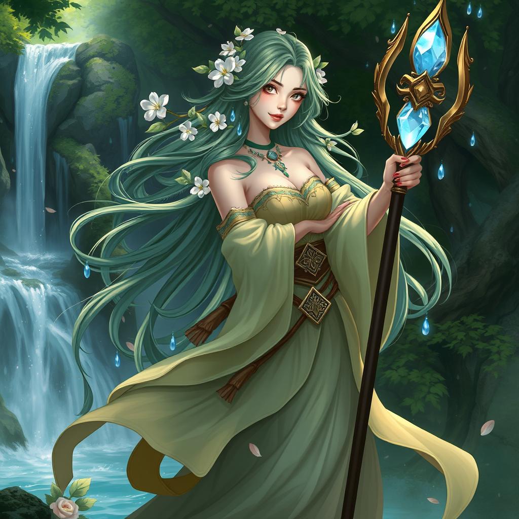 A female DnD character design, inspired by Asian aesthetics, embodying the essence of nature and water magic