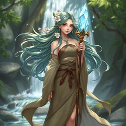 A female DnD character design, inspired by Asian aesthetics, embodying the essence of nature and water magic