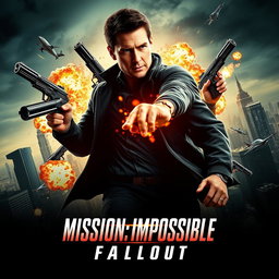 A dramatic and intense movie poster for 'Mission: Impossible - Fallout', featuring Tom Cruise in a striking action pose, surrounded by explosive effects and high-tech gadgets, with a city skyline in the background