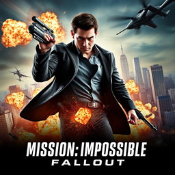 A dramatic and intense movie poster for 'Mission: Impossible - Fallout', featuring Tom Cruise in a striking action pose, surrounded by explosive effects and high-tech gadgets, with a city skyline in the background