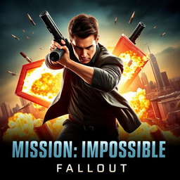 A dramatic and intense movie poster for 'Mission: Impossible - Fallout', featuring Tom Cruise in a striking action pose, surrounded by explosive effects and high-tech gadgets, with a city skyline in the background
