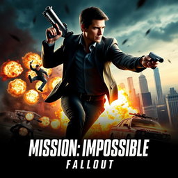 A dramatic and intense movie poster for 'Mission: Impossible - Fallout', featuring Tom Cruise in a striking action pose, surrounded by explosive effects and high-tech gadgets, with a city skyline in the background