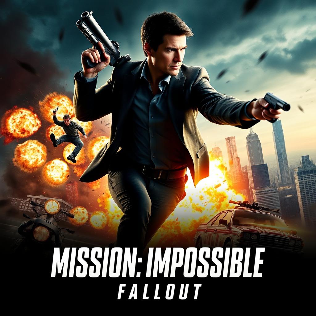 A dramatic and intense movie poster for 'Mission: Impossible - Fallout', featuring Tom Cruise in a striking action pose, surrounded by explosive effects and high-tech gadgets, with a city skyline in the background