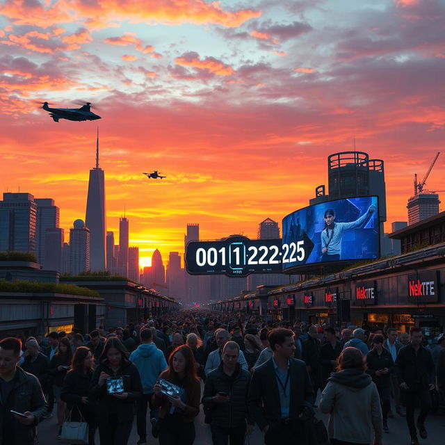 A futuristic city skyline at sunset, with vibrant orange and purple hues in the sky