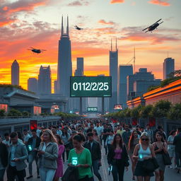 A futuristic city skyline at sunset, with vibrant orange and purple hues in the sky