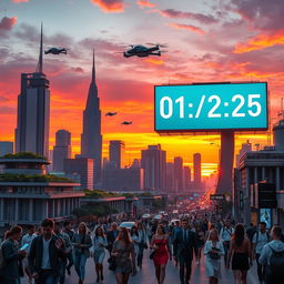 A futuristic city skyline at sunset, with vibrant orange and purple hues in the sky