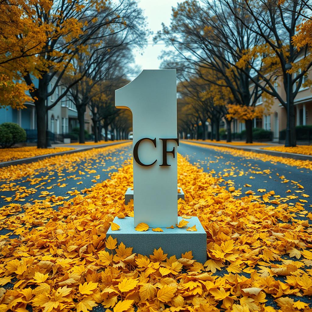 An artistic representation of a large number 1 placed prominently in the center of a quiet street, surrounded by a vibrant array of yellow pine needles and leaves, reflecting the beauty of autumn
