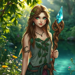 A female Dungeons and Dragons character inspired by nature, standing by a serene body of water