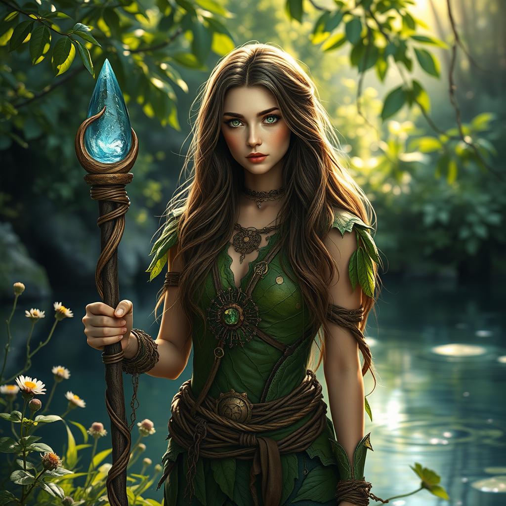 A female Dungeons and Dragons character inspired by nature, standing by a serene body of water