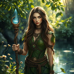 A female Dungeons and Dragons character inspired by nature, standing by a serene body of water