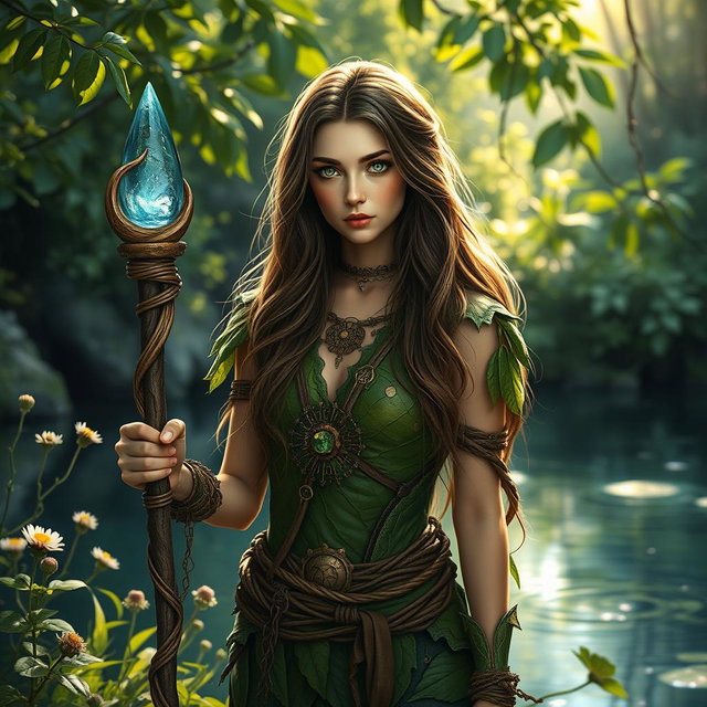 A female Dungeons and Dragons character inspired by nature, standing by a serene body of water