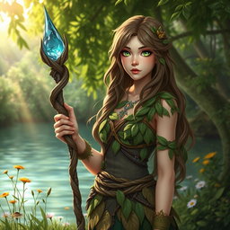 A female Dungeons and Dragons character inspired by nature, standing by a serene body of water