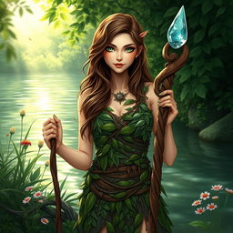 A female Dungeons and Dragons character inspired by nature, standing by a serene body of water