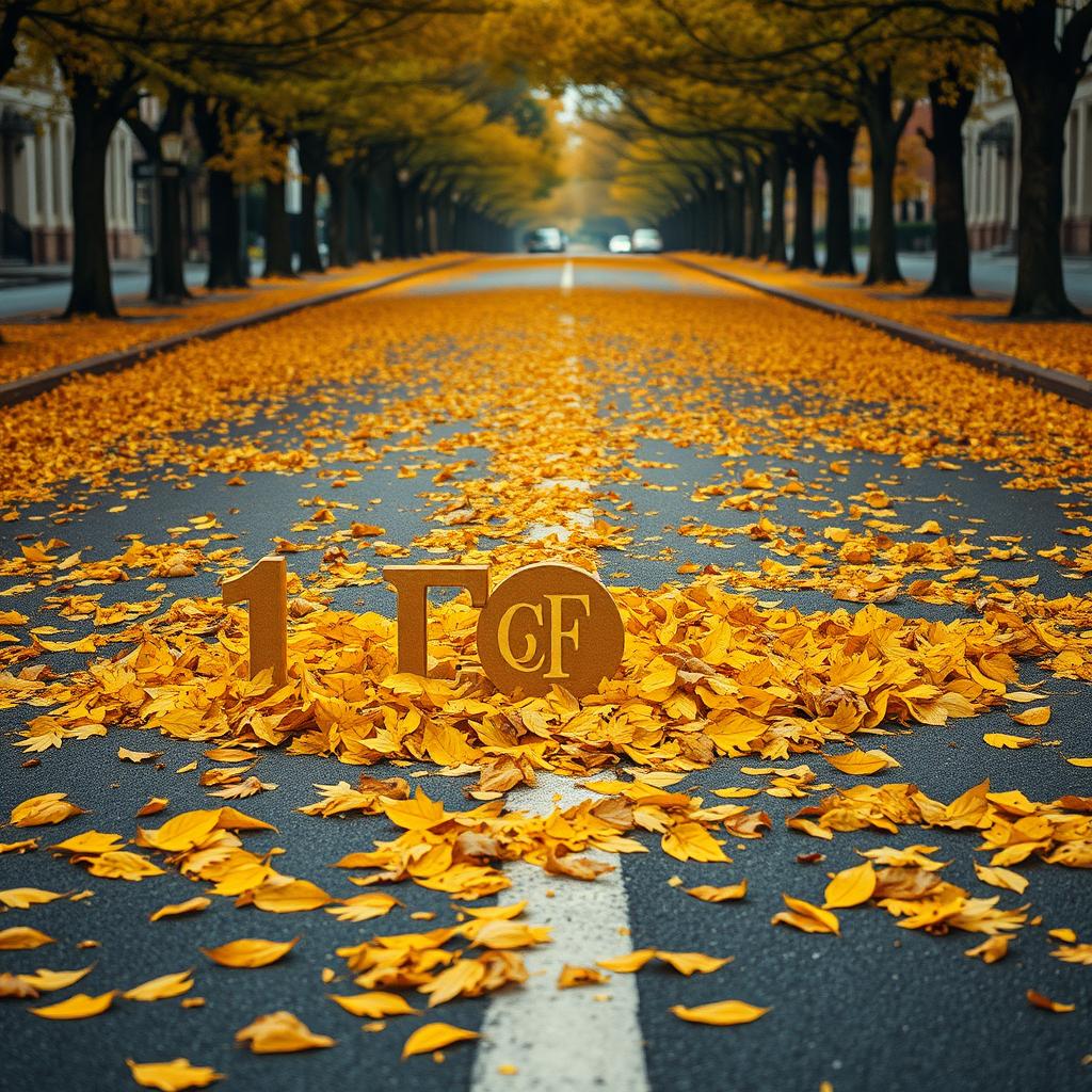 A vivid image of the number 1 prominently displayed in the center of a street, surrounded by a rich layer of yellow pine tree needles and leaves, symbolizing the essence of autumn