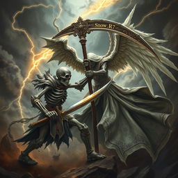 An epic battle scene featuring a skeleton warrior engaged in a fierce fight with the figure of Azrael, the angel of death