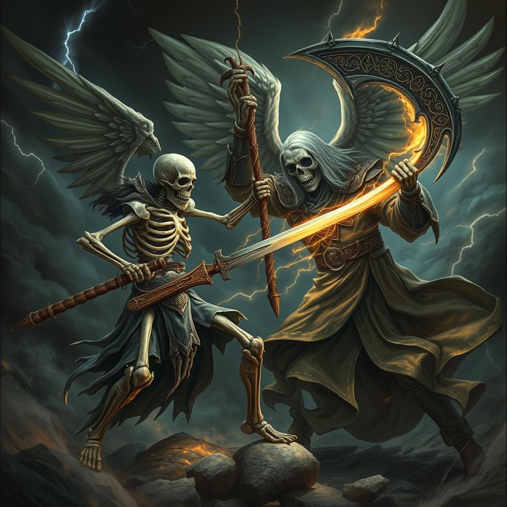 An epic battle scene featuring a skeleton warrior engaged in a fierce fight with the figure of Azrael, the angel of death