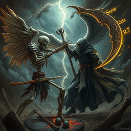 An epic battle scene featuring a skeleton warrior engaged in a fierce fight with the figure of Azrael, the angel of death