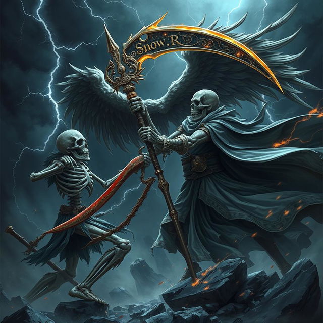 An epic battle scene featuring a skeleton warrior engaged in a fierce fight with the figure of Azrael, the angel of death