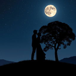 A stunning image of a couple passionately kissing at the top of a hill during a serene night