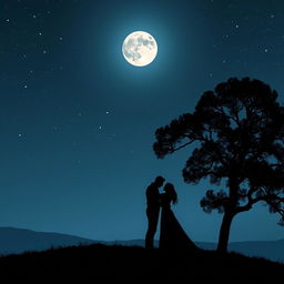 A stunning image of a couple passionately kissing at the top of a hill during a serene night