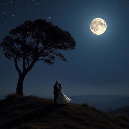 A stunning image of a couple passionately kissing at the top of a hill during a serene night
