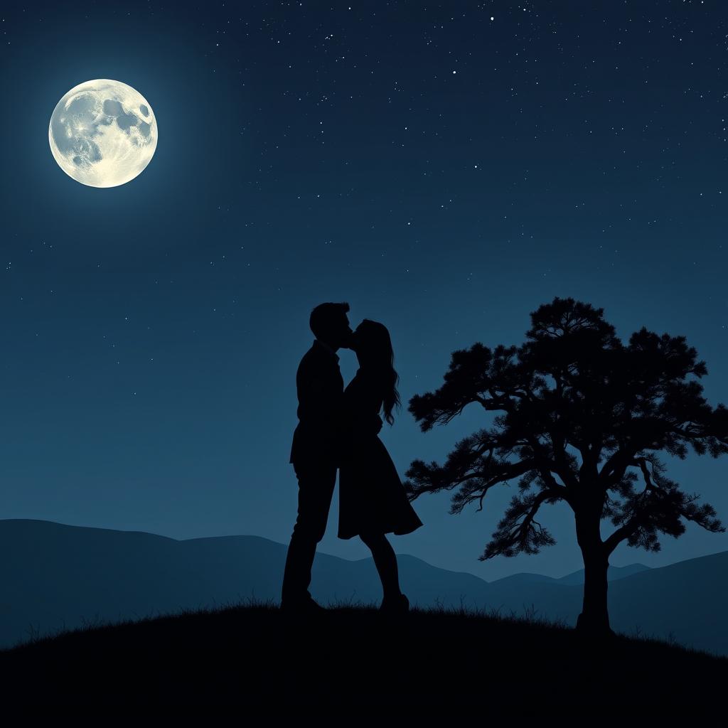 A stunning image of a couple passionately kissing at the top of a hill during a serene night