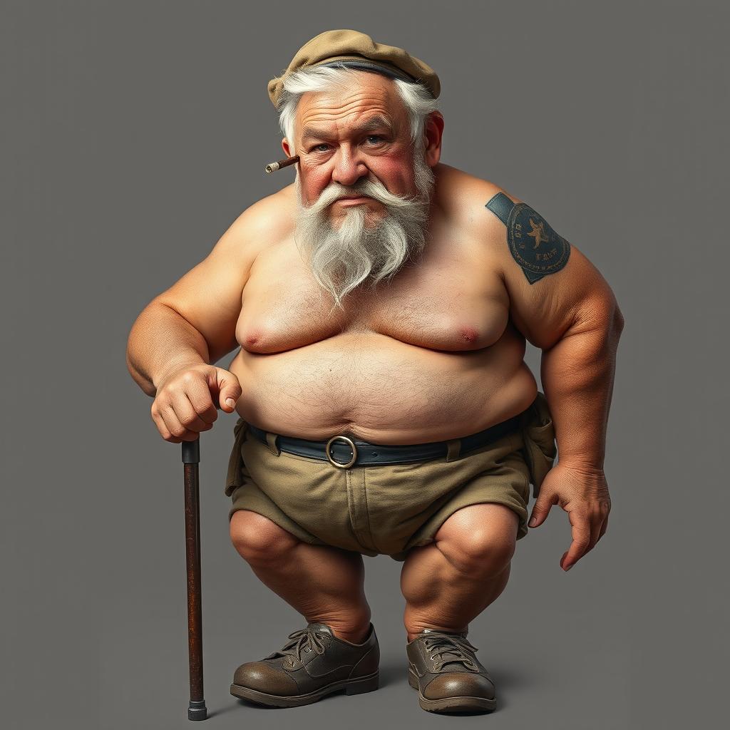 A detailed portrait of a squat, white-haired old man, with a short neck and barrel chest, showcasing thick forearms