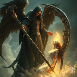 An artistic representation of Azrael, the Angel of Death, depicted as a tall, imposing figure with a majestic scythe