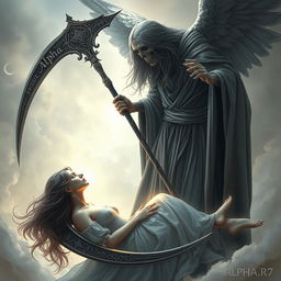 An artistic representation of Azrael, the Angel of Death, depicted as a tall, imposing figure with a majestic scythe