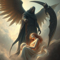 An artistic representation of Azrael, the Angel of Death, depicted as a tall, imposing figure with a majestic scythe