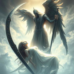 An artistic representation of Azrael, the Angel of Death, depicted as a tall, imposing figure with a majestic scythe