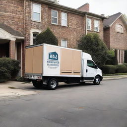 A large, sturdy removal truck loaded with assorted furniture and moving boxes, ready to depart against the backdrop of a suburban street.