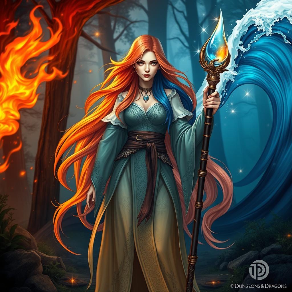 A female wizard character from Dungeons & Dragons, embodying the elemental powers of fire and water
