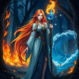 A female wizard character from Dungeons & Dragons, embodying the elemental powers of fire and water