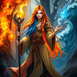 A female wizard character from Dungeons & Dragons, embodying the elemental powers of fire and water