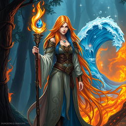 A female wizard character from Dungeons & Dragons, embodying the elemental powers of fire and water