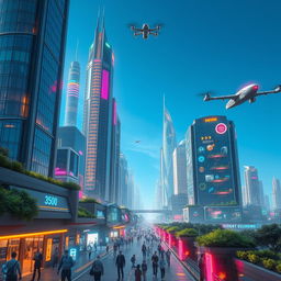 A futuristic cityscape in the year 3500, featuring towering skyscrapers made of glass and metal, advanced flying vehicles zipping through the sky, and vibrant neon lights illuminating the streets below
