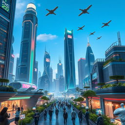 A futuristic cityscape in the year 3500, featuring towering skyscrapers made of glass and metal, advanced flying vehicles zipping through the sky, and vibrant neon lights illuminating the streets below
