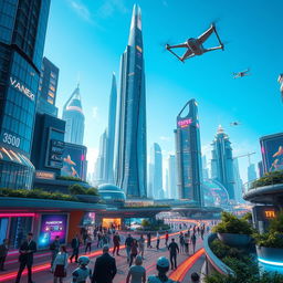 A futuristic cityscape in the year 3500, featuring towering skyscrapers made of glass and metal, advanced flying vehicles zipping through the sky, and vibrant neon lights illuminating the streets below