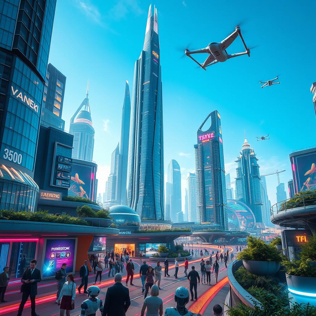 A futuristic cityscape in the year 3500, featuring towering skyscrapers made of glass and metal, advanced flying vehicles zipping through the sky, and vibrant neon lights illuminating the streets below
