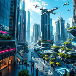 A futuristic cityscape in the year 3500, featuring towering skyscrapers made of glass and metal, advanced flying vehicles zipping through the sky, and vibrant neon lights illuminating the streets below