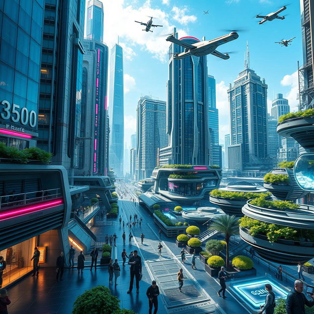 A futuristic cityscape in the year 3500, featuring towering skyscrapers made of glass and metal, advanced flying vehicles zipping through the sky, and vibrant neon lights illuminating the streets below