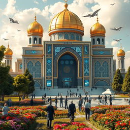 A stunning depiction of the Imam Reza Shrine in the year 3500, showcasing a blend of traditional Islamic architecture and futuristic enhancements